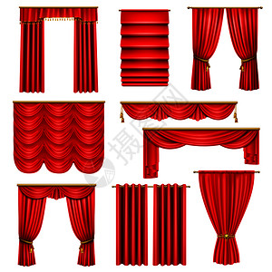 套现实的豪华红色窗帘的各种飞檐上与黄金元素隔离矢量插图图片
