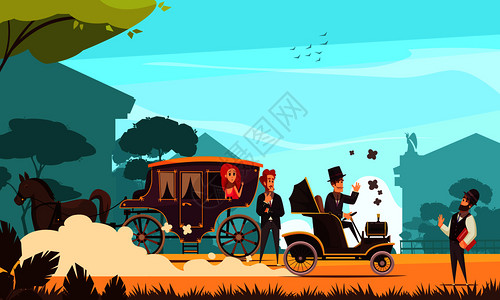运货马车人类人物旧地运输马车古代汽车上的内燃机卡通矢量插图插画