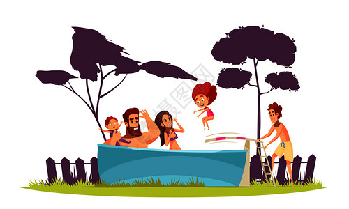 家庭积极的暑假父母孩子游泳池与跳板卡通矢量插图背景图片