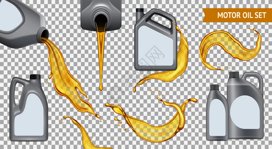 隔离逼真的电机油透明图标Jerrycan与黄色油透明背景矢量插图图片
