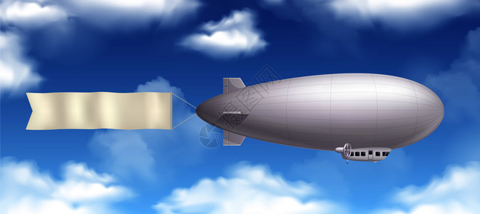 飞艇逼真的构图与云天空矢量插图背景图片