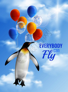 彩色逼真的海报与企鹅的形象飞行气球动机文本,每个人都可以飞行矢量插图背景图片