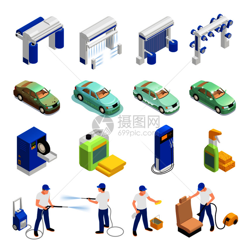 洗车图标自动洗车符号等距隔离矢量插图图片