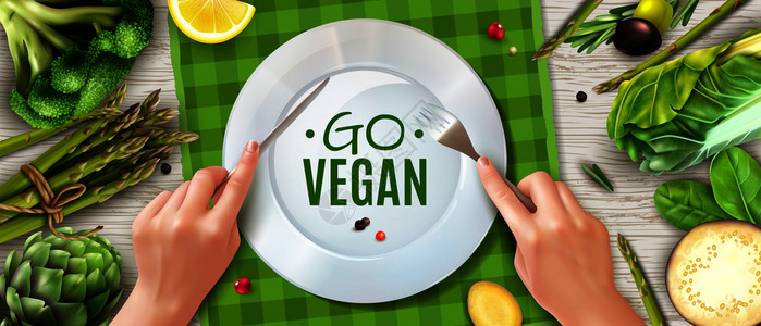 菠菜和朝鲜蓟蘸纯素现实的顶部视图广告海报与手持餐具手盘绿色蔬菜广场矢量插图插画