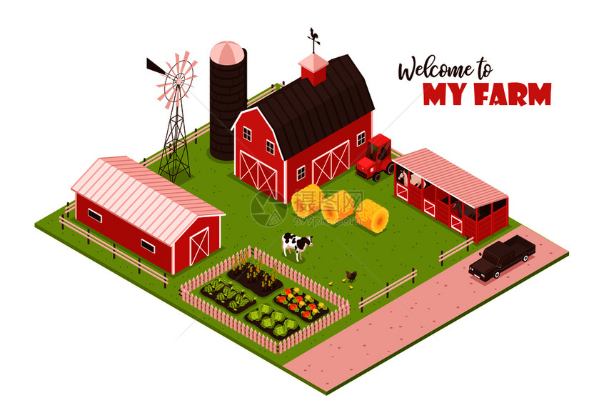 等距农场背景与可编辑的文本查看农场建筑谷仓,农业风力矢量插图图片