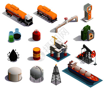 原油石油工业等距图标与萃取炼油厂产品运输油轮管道隔离矢量图插画