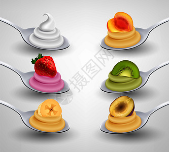 勺子酸奶迷你甜点提供勺子开胃现实草莓香蕉猕猴桃杏味奶油矢量插图插画