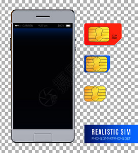 手机闪光彩色现实的sim手机智能手机图标与各种大小的sim卡的设备矢量插图插画
