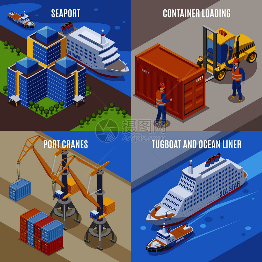 四个海港等距图标集装箱装载港口重机拖船远洋轮描述矢量插图图片