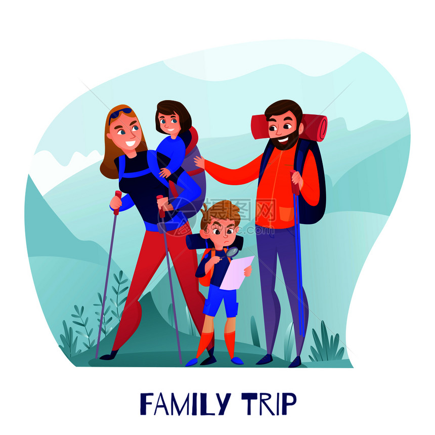 家庭旅行者父母孩子爬山时携带旅游设备矢量插图图片