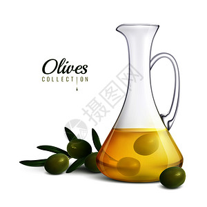 橄榄收集真实的成分与璃罐橄榄油树刺与绿色新鲜橄榄矢量插图图片