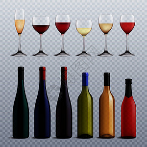 酒瓶包装酒瓶璃杯装满同品种的葡萄酒,透明的背景下真实地矢量插图插画