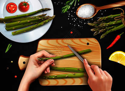 切好的辣椒健康烹饪现实的顶部视图与手切芦笋海盐西红柿柠檬黑色背景矢量插图插画