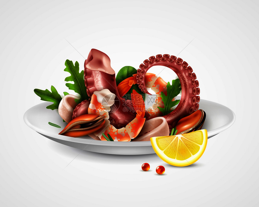海鲜鸡尾酒提供盘子真实的特写图像与虾,贻贝,章鱼触手,鱿鱼片,鲁科拉矢量插图图片