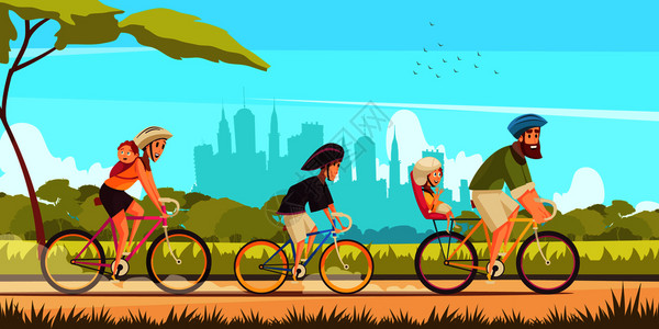 家庭活动假期,父母孩子骑自行车的背景下,城市轮廓卡通矢量插图图片