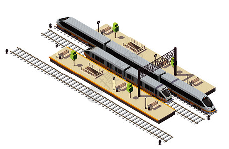 铁路客运火车站等距成与客运平台,楼梯,隧道,入口,轨道巴士高速列车矢量插图插画