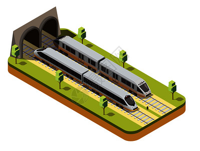 客运机车铁路客车高速客运列车进入铁路隧道下高架桥等距成矢量图插画