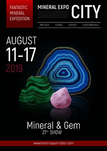 彩色现实的石头矿物博览会海报与神奇的矿物博览会标题矢量插图背景图片