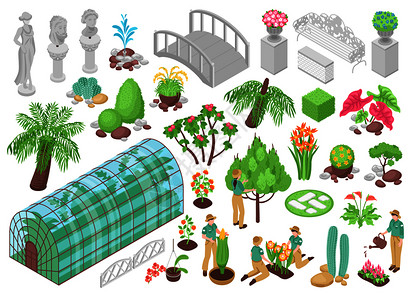 等距图标与各种树木,植物,花卉装饰植物园隔离白色背景三维矢量插图图片