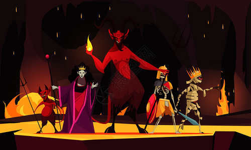 人物卡通构图与红色恶魔地狱恶魔女王黑暗可怕的背景矢量插图图片