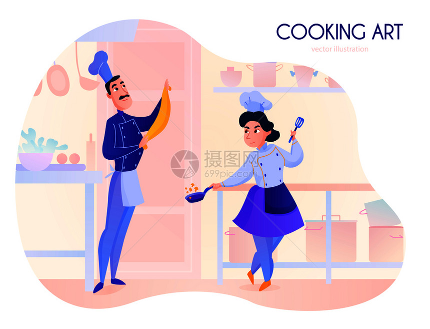 两名厨师餐厅厨房卡通矢量插图工作图片