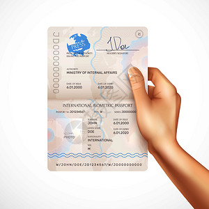 手持国际生物特征护照模型,签发日期期日期持人签名签发护照的当局名称真实矢量插图密封高清图片素材