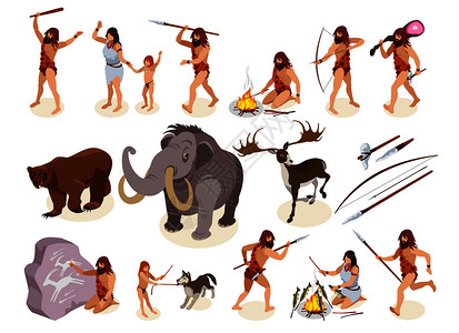 部落元素石头时代等距图标狩猎烹饪食物符号矢量插图插画