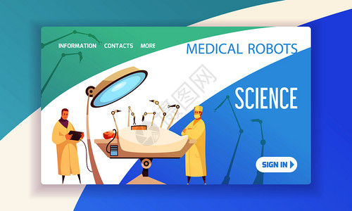 医疗机器人着陆页与外科医生手术室配备现代设备矢量插图背景图片