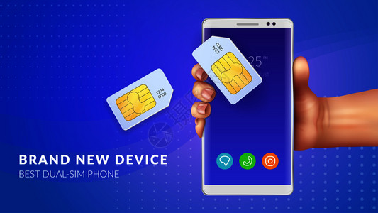 手机品牌logo现实记忆卡SIM背景与全新设备最佳双SIM电话标题矢量插图插画