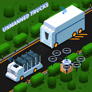 自动汽车无人驾驶汽车机器人运输等距成,查看郊区高速公路无人卡车矢量插图图片