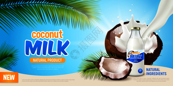 广告符号椰奶写实海报与广告天然产品绿叶棕榈树裂椰子非乳素奶瓶矢量插图插画