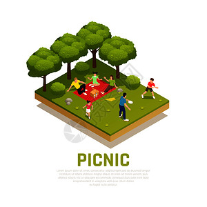 家庭游戏与家庭野餐公园符号等距矢量插图图片