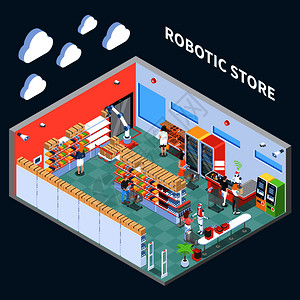 机器人商店等距成与超市交易大厅内部配备设备的未来矢量插图图片