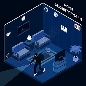 家庭安全等距成与小偷房间配备激光报警系统同的传感器矢量插图图片
