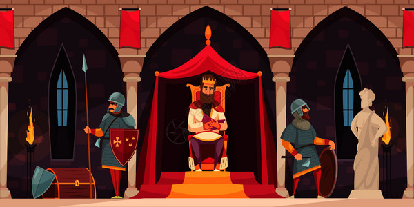 中世纪贵族中世纪城堡内部平卡通构图与国王宝座武装骑士外套的护卫矢量插图插画