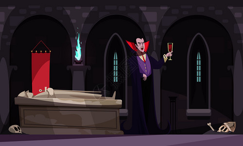穿着紫色斗篷的吸血鬼墓穴中喝着酒杯里的血,用坟墓骨架平矢量插图图片