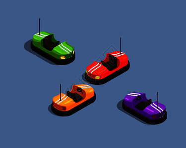 等距构图与四个彩色凹凸汽车游乐园的三维孤立矢量插图背景图片