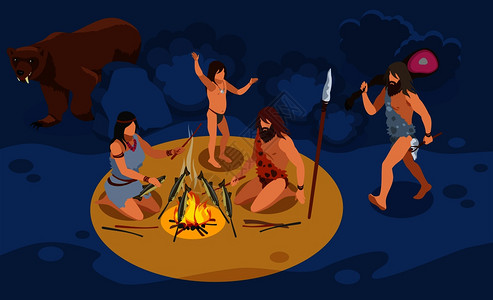 石器时代家庭等距构图与狩猎烹饪符号矢量插图高清图片