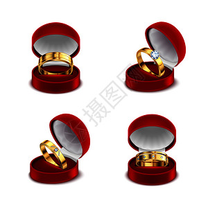 金戒指对戒婚礼订婚金戒指打开的红色珠宝盒案例4现实白色背景矢量插图插画