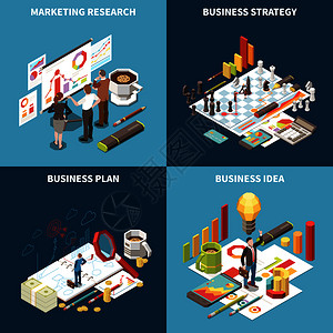 商业战略等距图标与营销研究,商业战略计划想法描述矢量插图图片