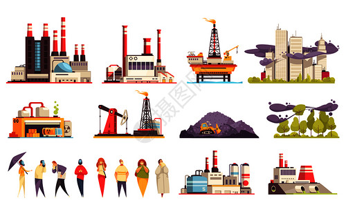 工业建筑卡通工厂发电厂石油海洋平台等孤立矢量插图背景图片