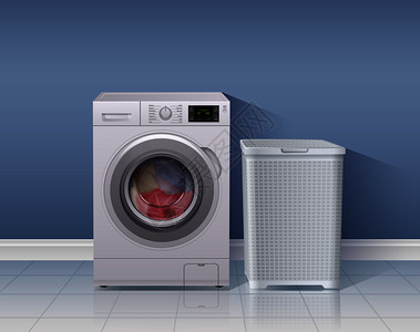 洗衣机真实背景与洗衣设备符号矢量插图图片