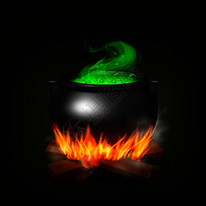 女巫锅火木上用绿色药水蒸汽黑色背景上的现实矢量插图高清图片