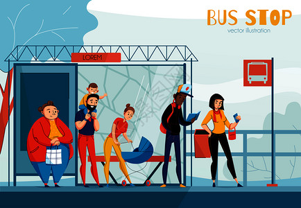 各年龄排队人公交车站成同身份别龄的人矢量图插画