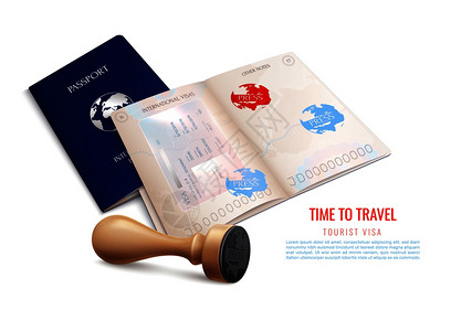 生物特征护照签证邮票现实与时间旅行旅游签证标题矢量插图图片