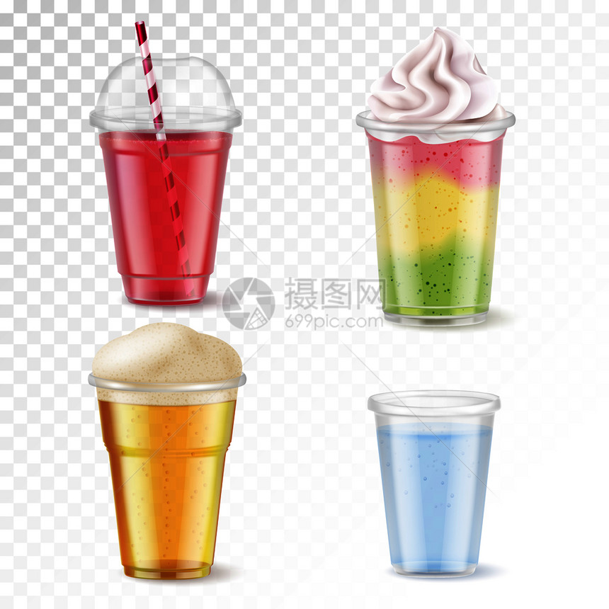 真实的套四个次塑料璃与各种饮料隔离透明的背景矢量插图图片