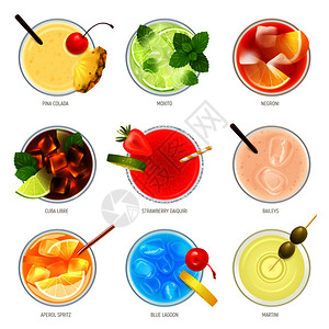 九珍果汁逼真的鸡尾酒顶部视图九个图像鸡尾酒杯与配料文本矢量插图插画