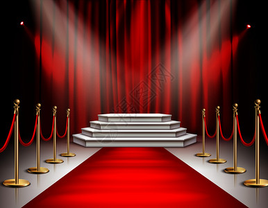 红地毯名人活动写实构图与白色楼梯讲台聚光灯胭脂缎幕背景矢量插图图片