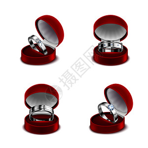纯银戒指豪华珠宝4纯银婚礼订婚钻石戒指打开的红色盒子现实矢量插图插画