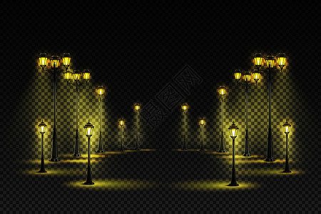 室外花园街道古典黄色照明,大小灯笼,深色透明背景,写实矢量插图图片